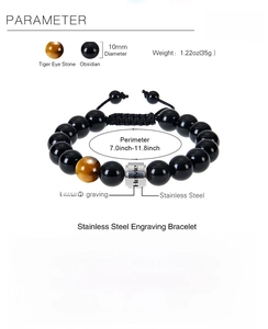 Detail view of 10mm lava stone bracelet with adjustable cord and customizable steel ring