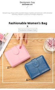 Detail showing pink and navy blue soft leather wallets with zipper and buckle on wood surface
