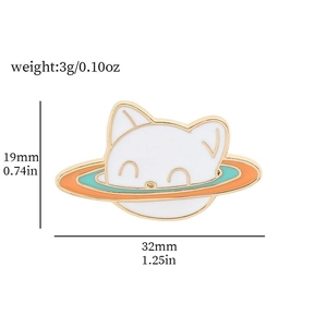 Detailed size specifications for the cartoon cat and planet enamel brooch pin