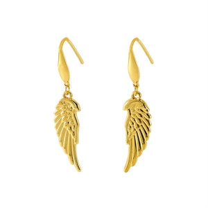 Elegant gold feather wing dangle earrings crafted from polished stainless steel for women