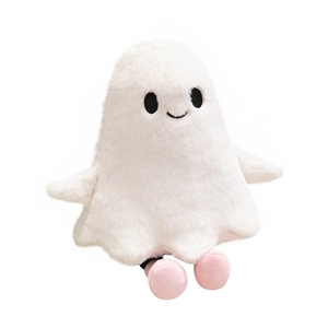 Cute white plush ghost doll with soft faux fur and pink shoes for Halloween gift