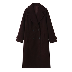 Deep burgundy double-breasted wool coat with classic lapels in a long relaxed fit style