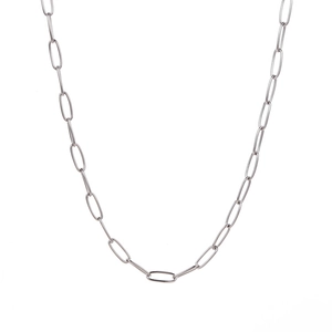 Detail of silver stainless steel paperclip chain necklace on white background