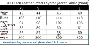 Guide des tailles pour veste femme aspect cuir avec mesures d'épaules, poitrine et longueur