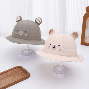 Cute baby sun hats with bear embroidery and 3D ears in olive green and beige colors