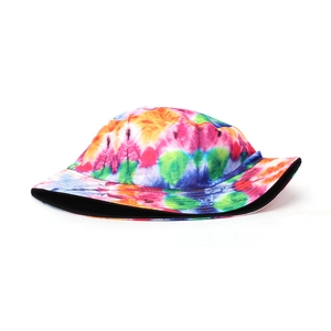 Detail view of colorful tie-dye bucket hat with durable stitched brim and black lining