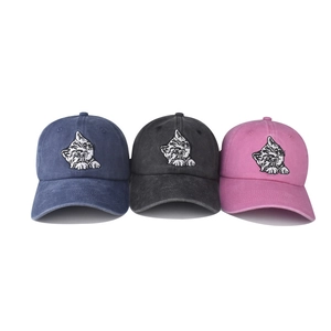 Washed cotton baseball cap set with cat face embroidery in navy, charcoal, and rose pink