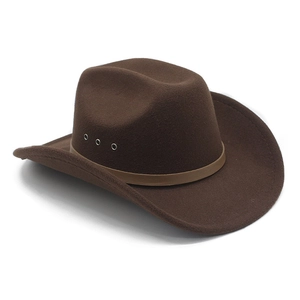 Detail of brown wool cowboy hat featuring metallic vents and decorative leather band