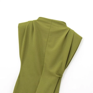 Olive green mock neck dress with shoulder pads and elegant pleated texture