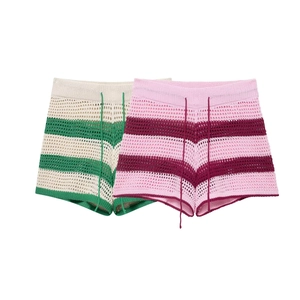 Damen Häkelstrick-Set aus gestreiftem Polo und Shorts mit Kordelzug in Grün und Rosa