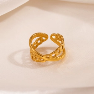 18K gold plated stainless steel double layer chain ring with minimalist cross design