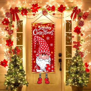 Christmas gnome door banner with Merry Christmas text and festive polka dot hat decor