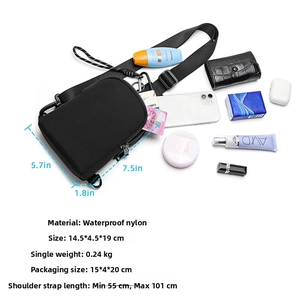 Waterproof nylon crossbody bag with dimensions 14.5x19cm showing capacity with daily items