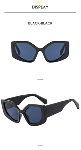 Front and 45-degree angle views of trendy polygonal sunglasses with thick black frames