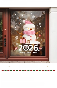 Detailed 3D pink snowman window sticker with 2026 Happy New Year text on wood background