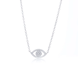 Macro shot of sparkling silver evil eye pendant necklace with pavé cubic zirconia detail