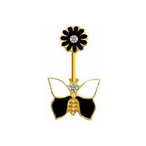 Gold butterfly belly ring with black enamel wings and sparkling zircon flower accents
