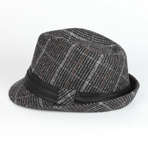 Classic grey plaid wool fedora hat for men with black faux leather band and vintage style