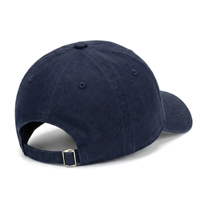 Detail view of cotton baseball cap back with adjustable silver metal buckle strap