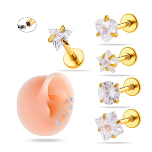 Cubic Zirconia Stainless Steel Labret Stud Internal Thread Flat Back Heart Star Round Ear Cartilage Piercing Jewelry