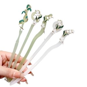 Elegant Chinese tassel hairpins with lily of the valley enamel flower designs