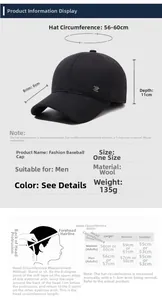 Detailed size chart and measurement guide for men's wool blend baseball winter cap