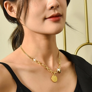 Chic gold titanium steel necklace with heart round pendant on mixed link chain