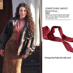Retro Polka Dot Red Satin Like Fabric Neck Scarf Necklace Long Satin Ribbon Fashion Accessory For Women