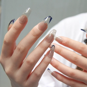 Press On Nails Long Coffin Fake Nail Tips French Navy Blue Silver Glitter Rhinestone Gradient Gray Elegant Manicure