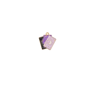Detailed macro view of triple tarot card charms in black purple pink with golden loops