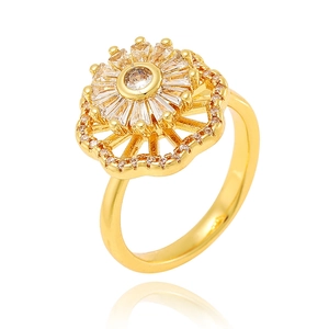 Luxurious gold spinning ring with sunburst flower design and clear crystal stones