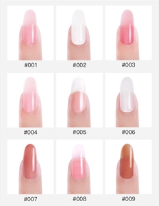 Detailed color chart of 9 shades of nail extension gel from pink to clear tones