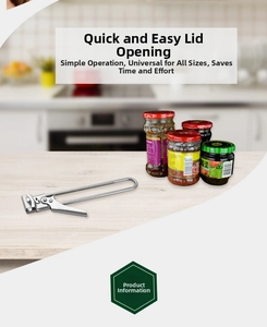 Detailed view of adjustable stainless steel jar opener with multi-size clamp on wooden table