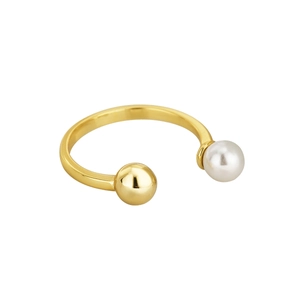 Elegant gold open ring featuring a metallic sphere and a white pearl on a white background