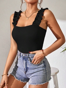 Black ribbed knit bodysuit with ruffle straps and square neck for women casual wear