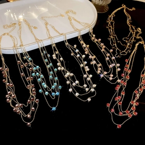 Multi Layered Clavicle Chain Necklace Copper Gold Plated Round Zircon Elegant Minimalist Luxury Jewelry Women