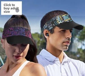 Close-up of kids sun visor hats with purple geometric and graffiti print for outdoor sports