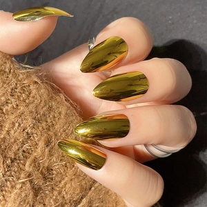 Metallic Mirror Gold Press On Nails Electroplated Shiny Short Stiletto Pointed Fake Nail Patches For Women DIY Manicure