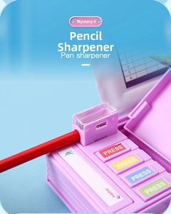 Detail view of pink multifunctional stationery box featuring a built-in pencil sharpener
