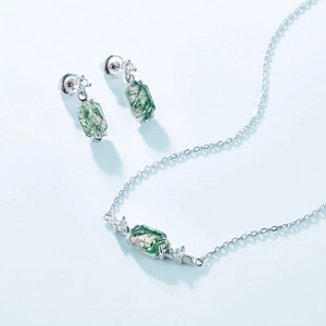 Natural green moss agate jewelry set including rectangle stone necklace and stud earrings