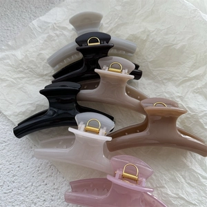 Set of 6 colorful PC resin hair claw clips in various neutral tones on white background