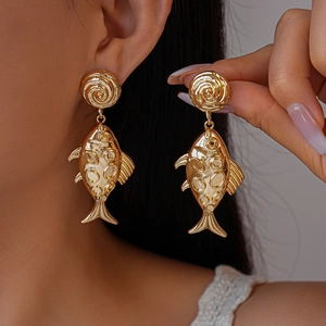 Vintage Fish Shaped Dangle Earrings Metallic Texture Alloy With 925 Sterling Silver Earring Post For Women Statement