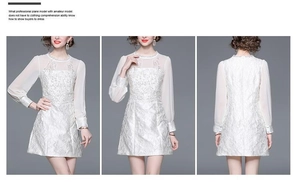Detailed three-view shots of white jacquard dress featuring sheer sleeves and beaded collar