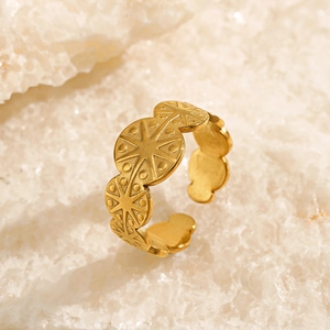Golden stainless steel starburst open ring with vintage bohemian sunburst engraving