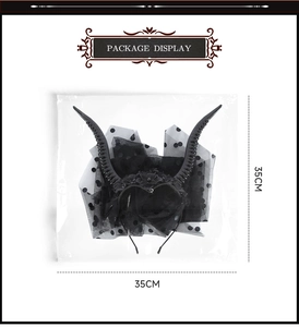 Package display of Halloween gothic sheep horn headband with dimensions of 35cm x 35cm