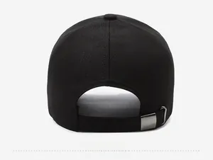 Close-up of the black baseball cap back with an adjustable silver metal buckle