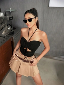 Top Corto Halter Con Pliegues Cordón Cordones Abertura Ajustado Color Sólido Poliéster Streetwear Chic Mujeres