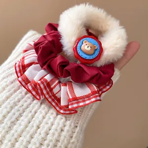 Plush polka dot scrunchie set with cute bear charm and red plaid pattern hair tie