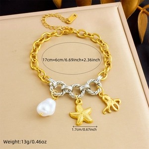 Gold and silver stainless steel bracelet with starfish, octopus and pearl charms
