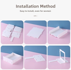 Step-by-step assembly guide for a white PVC vanity organizer with interlocking parts